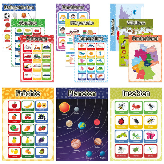 LIKARTO® 12 educational Montessori learning posters A3 - Extra thick paper and double laminated - Basics 2, elementary school learning posters, children's learning aid