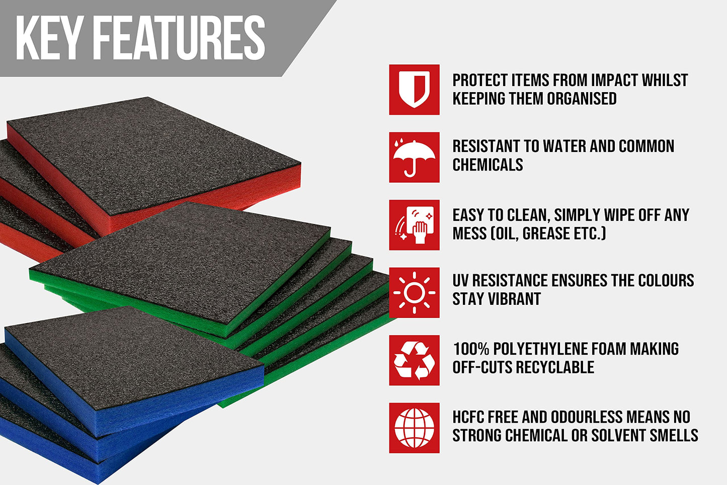 Shadow Foam Medium Sheet - 1000mm x 500mm | Cut and Peel foam for toolbox organization (30mm, Red)