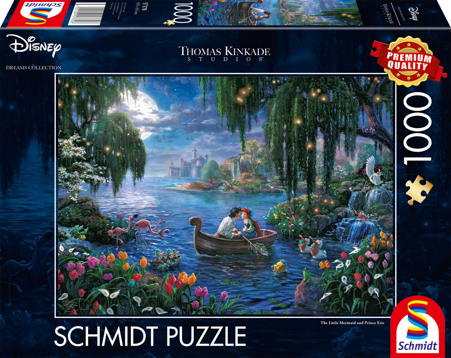 Schmidt Spiele 59480 Thomas Kinkade, Disney, Rapunzel, 1000 piece puzzle, and 57370 Thomas Kinkade, Disney, The Little Mermaid and Prince Eric, 1000 piece puzzle.