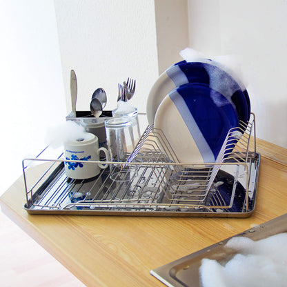 Relaxdays XL stainless steel dish rack LxWxH approx. 13 x 18.9 x 4.7 inches Draining rack for plates and cups Dish basket with cutlery holder and drip tray Shiny dish rack for your kitchen, silver