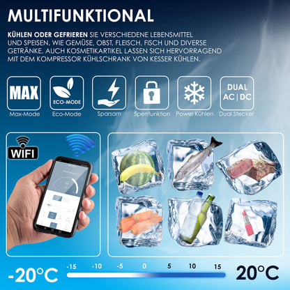 KESSER® compressor cooler box electric freezer box, 42 liters with app control USB port 12/24 V 230V, +telescopic handle, 2x cooler box wheels refrigerator cooling up to -20 °C for car, truck, boat + cooler pack