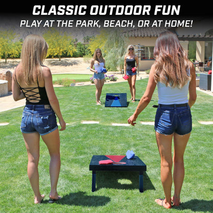 GoSports Cornhole Set, regulation size wooden boards (120 x 60 cm), dark wood design, 2 boards, 8 bean bags, carrying case, and game rules.