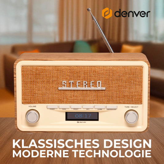 Denver Retro DAB-18 Digital radio | DAB Plus radio with Bluetooth & FM | 2x20W stereo speakers | Small radio with power plug | Kitchen radio with good sound | LCD display & alarm function