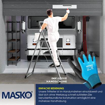 MASKO® Folding Step Ladder 3 Step ladder Step Ladder loadable up to 150 kg | Step Stool Anti-Slip | Folding Step Stool with Gloves, Tool Tray & Automatic Lock, Gray