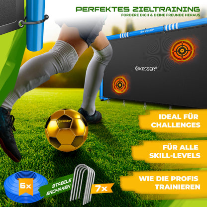 KESSER® Soccer Goal - High-quality soccer goal 240cm with target wall, shooting training UV-resistant net, steel frame with padding, ground stakes, air pump, cones, assembly accessories for kids and adults.