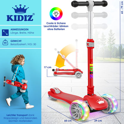 KIDIZ® Roller Children Scooter X-Pro2 Trike Scooter with PU LED Light-Up Wheels Kids Scooter foldable Kick Scooter adjustable City Scooter Children's Scooter for Boys Girls 3-12 Years, Red