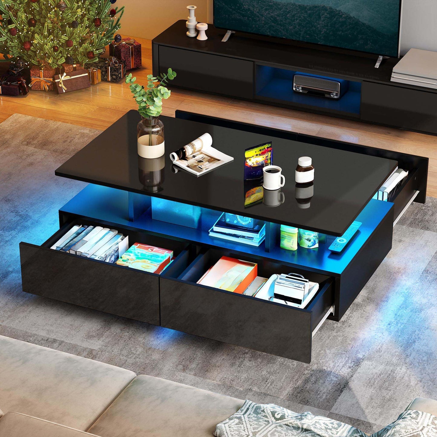 YITAHOME Black Coffee Table, High Gloss Living Room Table with 16-Color LED Lighting, Modern Black Side Table with Open Display Shelf and 4 Pull-Out Drawers 90x55x41.1 cm
