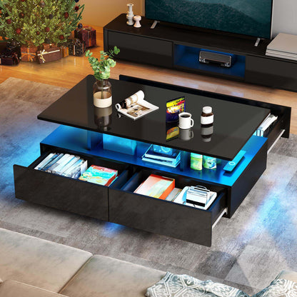 YITAHOME Black Coffee Table, High Gloss Living Room Table with 16-Color LED Lighting, Modern Black Side Table with Open Display Shelf and 4 Pull-Out Drawers 90x55x41.1 cm