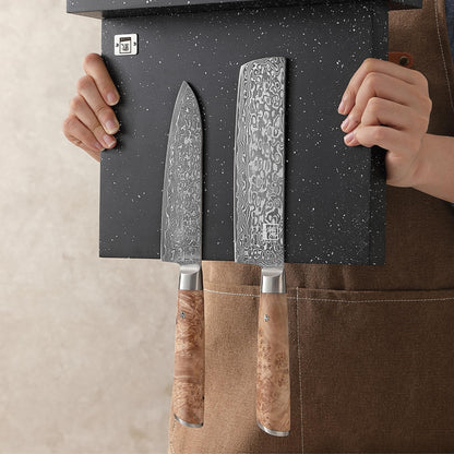 Zayiko Magnetic Knife Block without Knives - Wood in Marble Look - Kitchen Organizer with Dual Magnetic Strips with Non-Slip Feet - for up to 12 Knives - Magnetic Knife Holder without Knives
