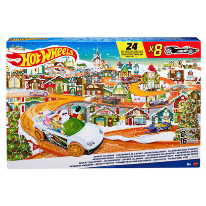 Hot Wheels Advent Calendar - 8 cars and 16 winter accessories behind 24 numbered doors, including a play mat, for kids and fans. HKL74
