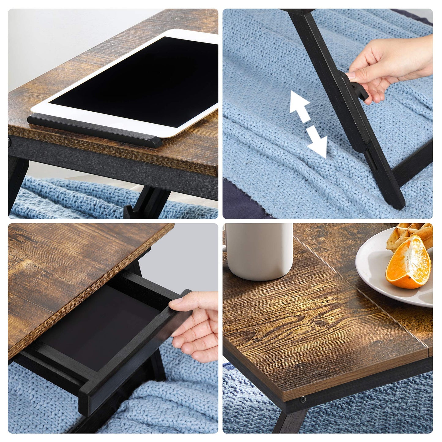 SONGMICS Laptop Table, Laptop Stand, Notebook Tray, Breakfast Tray, Foldable Legs, Height Adjustable, for Bed and Sofa, for Laptops up to 14.3 Inches, 71 x 35 x 23 cm, Vintage Brown LLD110B01