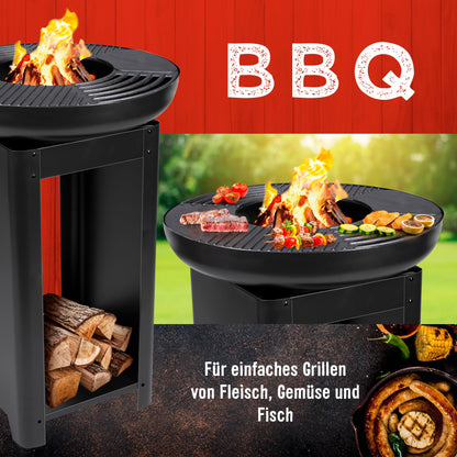 BBQ Collection 3-in-1 fire pit with grill grate - fire basket 61 x 90 cm - outdoor kitchen with Teppanyaki and BBQ grill plate - Plancha BBQ with wood storage - garden fireplace for outdoor use - metal.