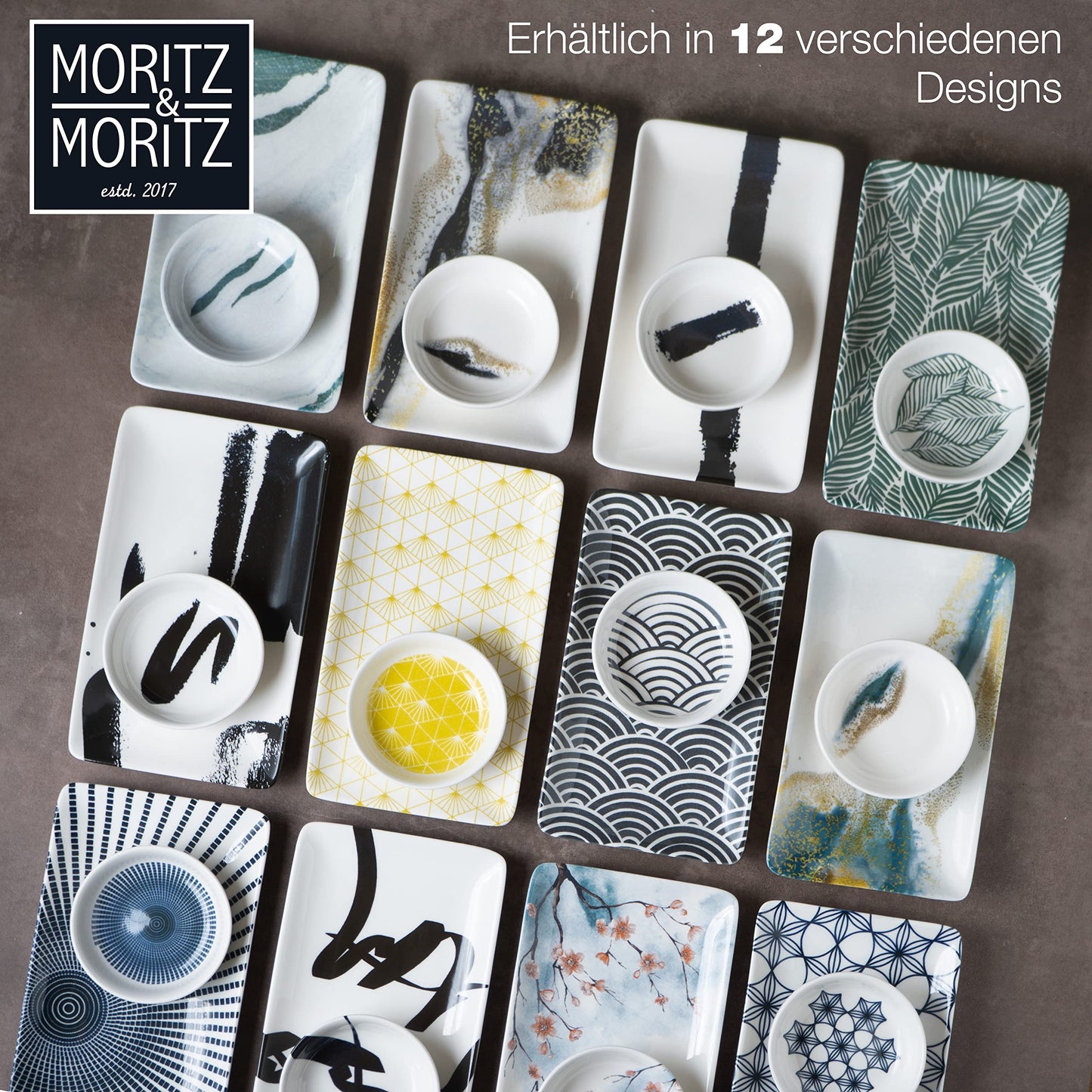 Moritz & Moritz 8-piece sushi tableware set for 2 people - sushi serving set with 2 sushi plates, dip bowls, and chopsticks.