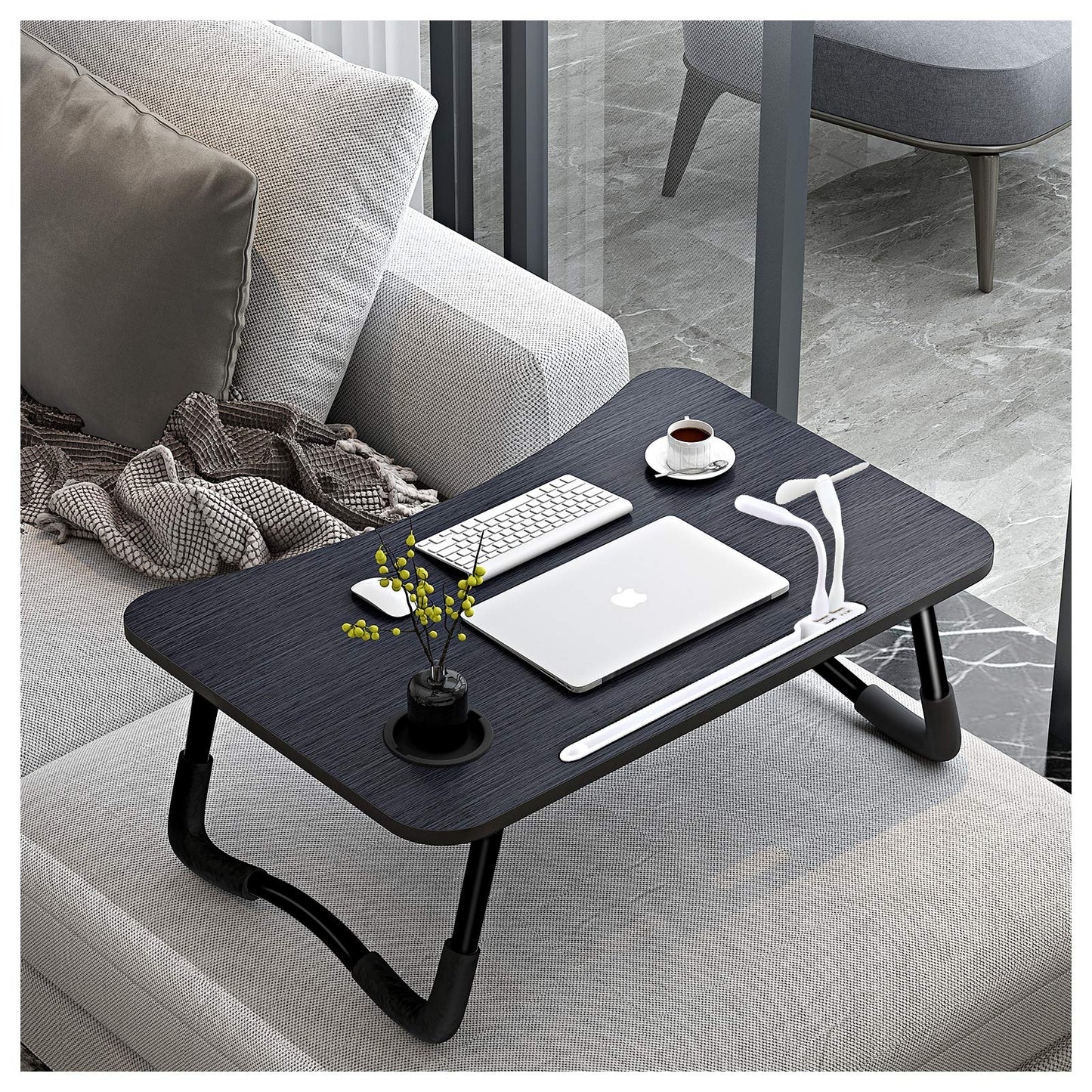 A3A ACADGQ laptop table, foldable laptop bed table, notebook desk with 4 USB charging ports, drawer, pad stand, cup holder, for bed, sofa, floor (60 x 40 cm, black)