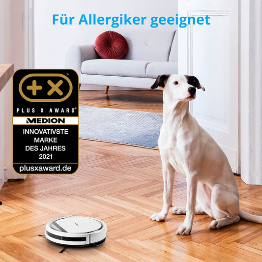 MEDION robot vacuum with mopping function E32 SW (2in1 robot vacuum cleaner for floors tiles, optimized for pet hair allergy sufferers, remote control, charging station)