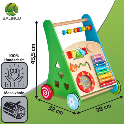 Balinco - Wooden Baby Walker 3-in-1 from 6 months - Walking aid with musical toys, learning functions & motor skills training - Walking aid with xylophone & shape sorting - Baby walker for girls & boys.