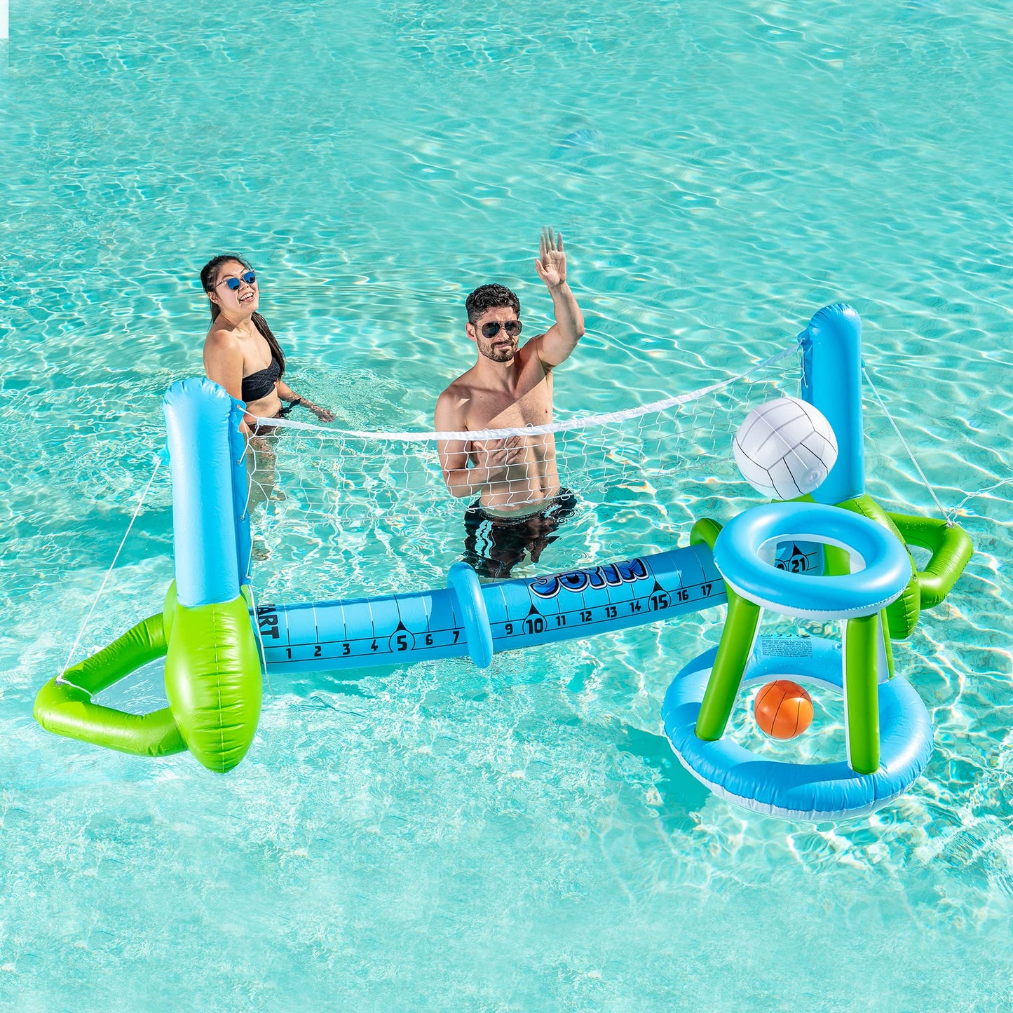 JOYIN Inflatable Pool Volleyball Set, Volleyball Basketball Hoops Pool Float Set, Floating Summer Floaties, Volleyball Pool Party Lounge Raft, Inflatable Party Swimming Game Toy.
