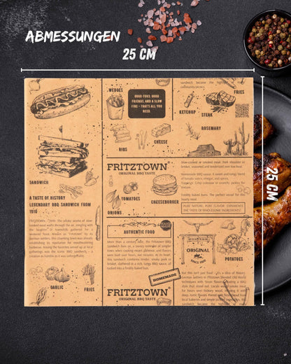 FRITZTOWN Deli Paper | Uncoated wrapping paper for burgers, sandwiches & BBQ | Grease-resistant food paper | Perfect for street food & delicacies (25x25 cm, 1000 sheets)