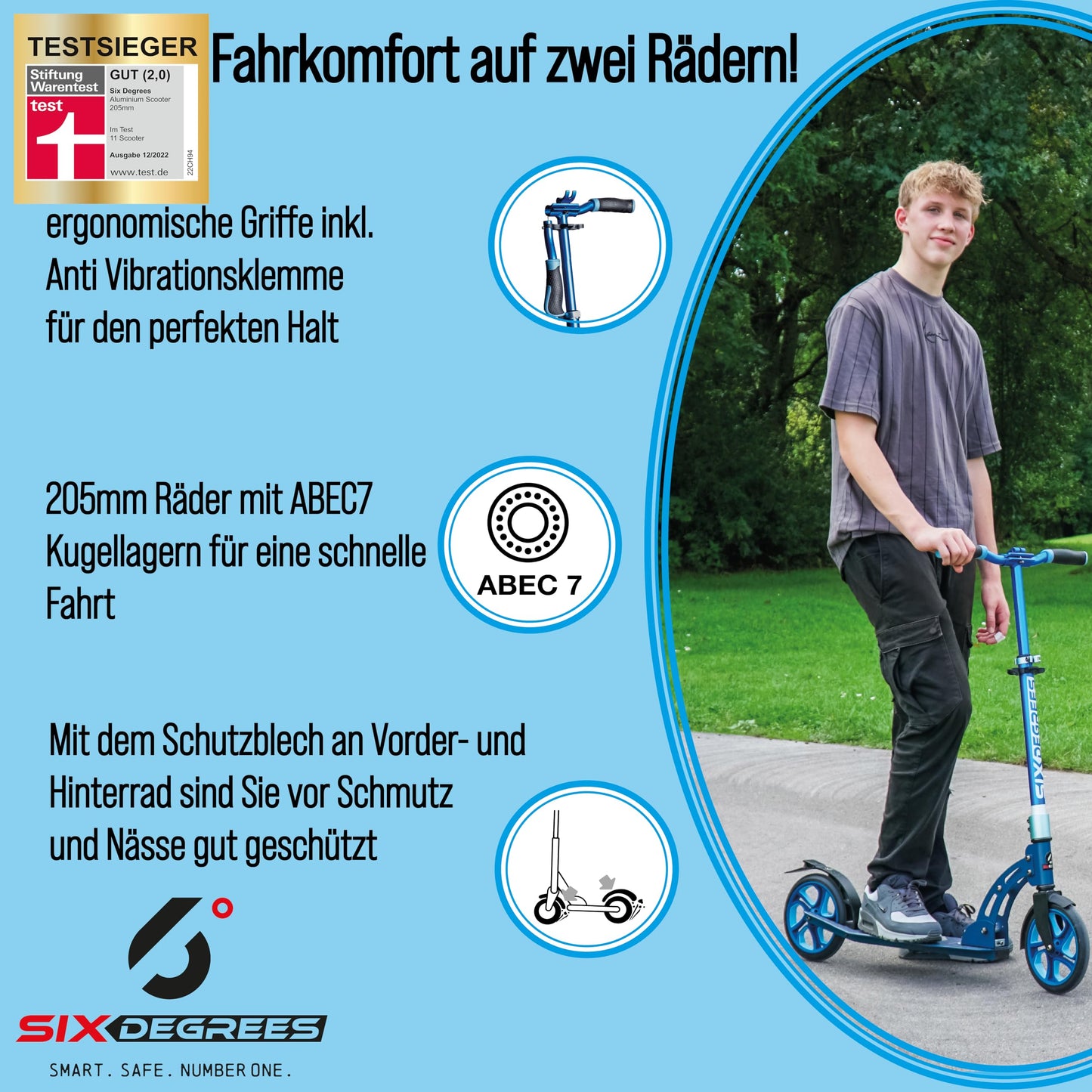 Six Degrees Aluminum Scooter with folding mechanism and stand, 205 mm, height adjustable, GS tested, blue, TEST WINNER