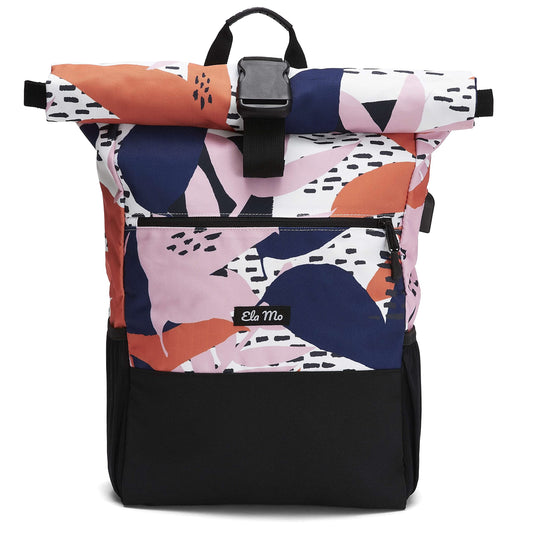 Ela Mo Backpack Women - Rolltop stylish and practical - Laptop backpacks for women - Anti theft bag for school, college, business (Papercut Tulip)