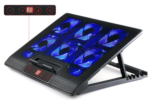 skgames notebook laptop cooler gaming stand pad for 10-17 inch, 6 x LED fans, LCD fan control, 7 levels height adjustment, blue