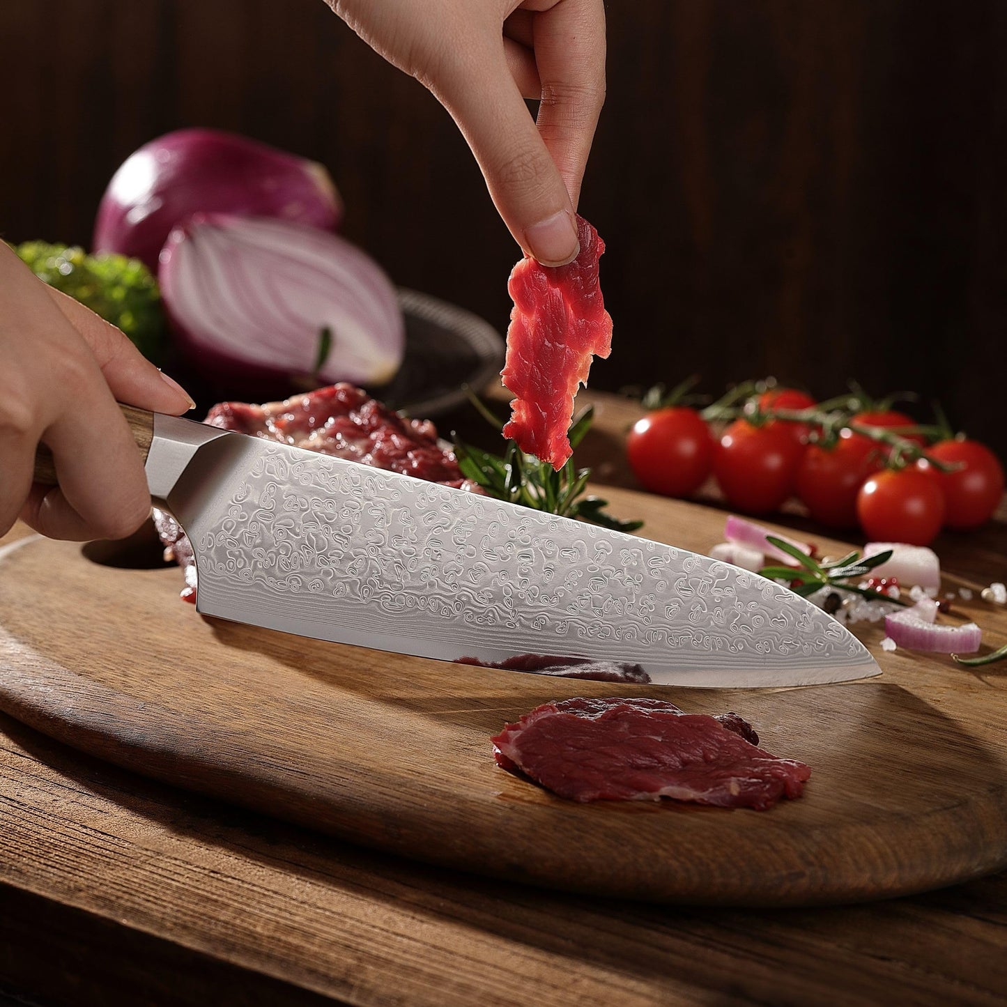 Wakoli Oribu Kiritsuke Knife 20 cm - Kitchen knife made of 67 layers - Damascus knife with VG10 core, extra sharp, olive wood handle, versatile for meat, fish, vegetables, gift box, full tang knife sharp