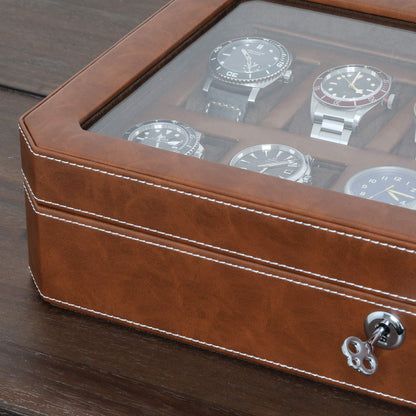 ROTHWELL 12 Slot Leather Watch Box for Men - Luxury Watch Case Display Organizer, Men's Storage Boxes Holder with Large Glass Lid (Black/Gray)