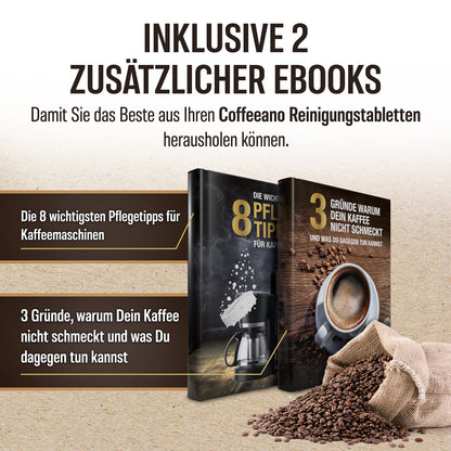 Coffeeano 150 cleaning tablets for fully automatic coffee machines and coffee makers. Cleaning tabs for Delonghi, Siemens, EQ Series, Jura, Krups, Bosch, Miele, Melitta, WMF, and more.