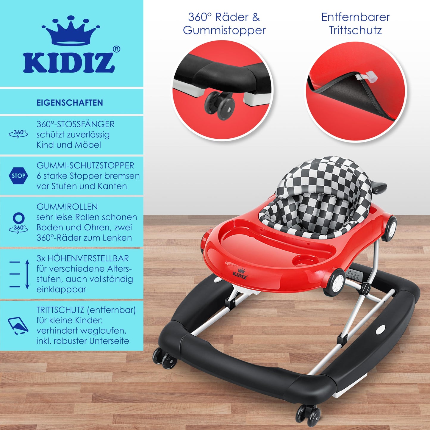 KIDIZ® 4in1 Baby Walker Activity Center - Adjustable Height, Swing Function, Wheels, Lights, Music, Toy Tray, Feeding Tray - Foldable, Suitable for Babies 6 Months and Older.