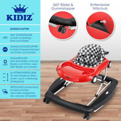 KIDIZ® 4in1 Baby Walker Activity Center - Adjustable Height, Swing Function, Wheels, Lights, Music, Toy Tray, Feeding Tray - Foldable, Suitable for Babies 6 Months and Older.