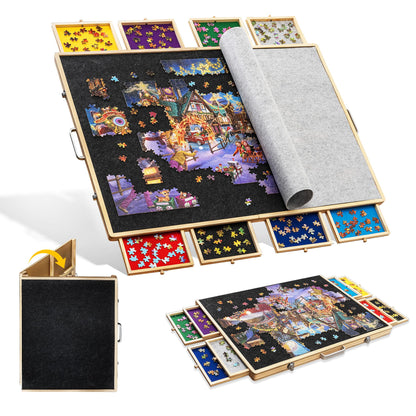Tektalk folding puzzle board for up to 2000 puzzle pieces, with 8 sorting trays/drawers, puzzle table with lid, suitable for 2000, 1500, 1000, 500 puzzle pieces.