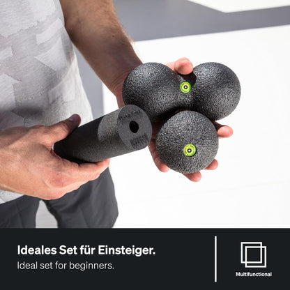 BLACKROLL® BLACKBOX fascia rollers for self-massage: Set includes STANDARD and MINI fascia rollers, BALL 08 fascia ball, and DUOBALL 08 for effective training. Made in Germany.