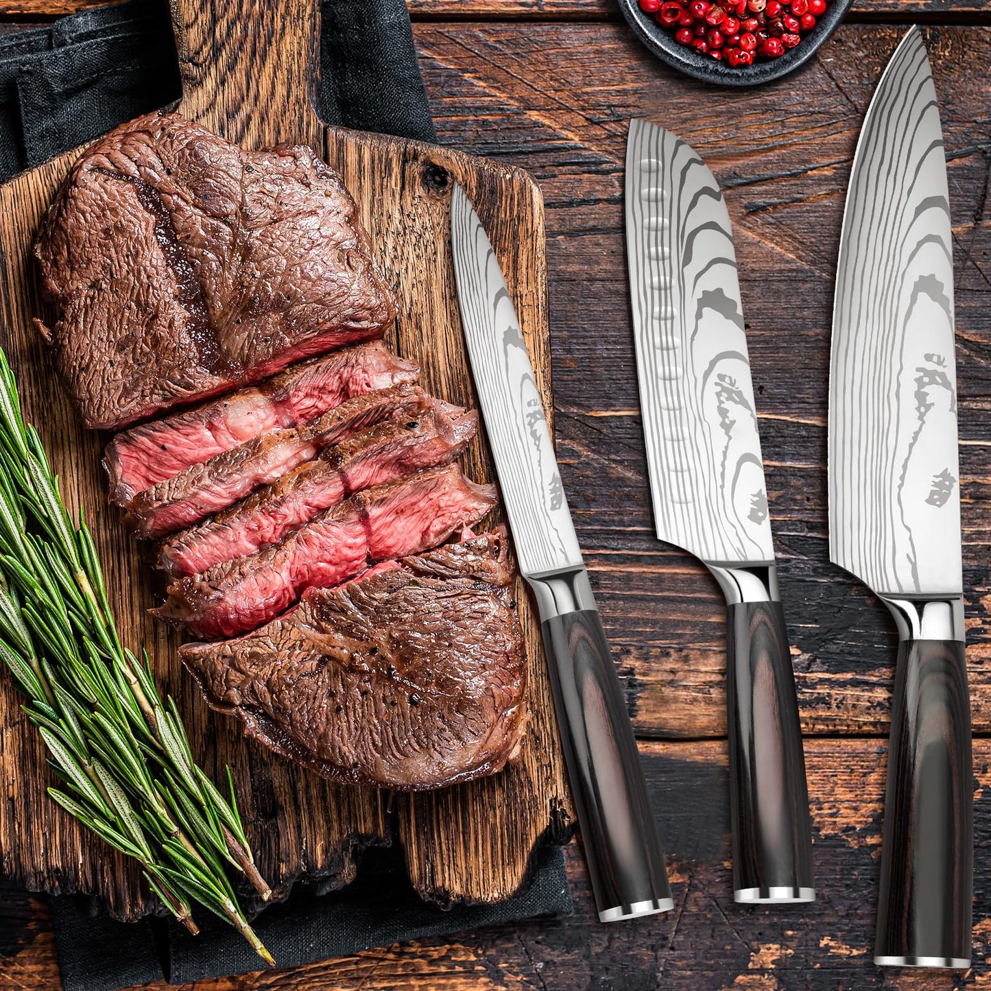 Gustrug knife set kitchen knife set 3 pieces with ergonomic handle, sharp knife set made of high-quality carbon stainless steel with chef's knife, Santoku knife, utility knife.