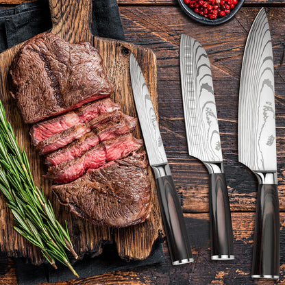 Gustrug knife set kitchen knife set 3 pieces with ergonomic handle, sharp knife set made of high-quality carbon stainless steel with chef's knife, Santoku knife, utility knife.