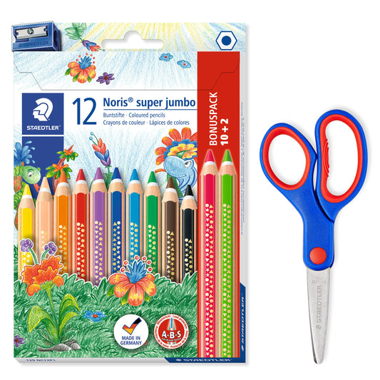 STAEDTLER Noris super jumbo extra thick colored pencils with ABS system and Noris Club craft scissors with rounded blades, 12 colored pencils with sharpener and 14cm scissors, 129 NC12P1X
