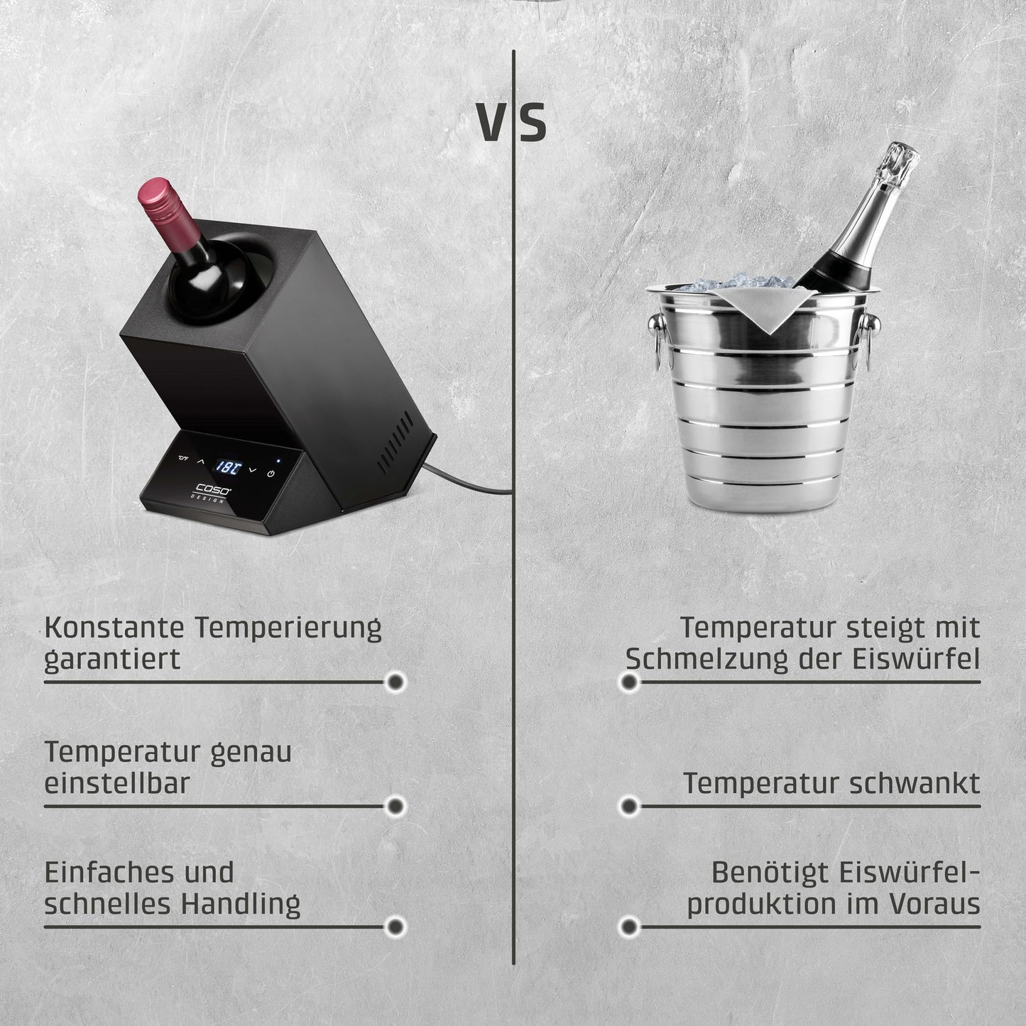 CASO WineCase One Black - Design wine cooler for one bottle, temperature range of 5-18°C, for bottles up to 9 cm Ø, sensor touch operation, black stainless steel casing.
