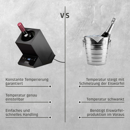 CASO WineCase One Black - Design wine cooler for one bottle, temperature range of 5-18°C, for bottles up to 9 cm Ø, sensor touch operation, black stainless steel casing.