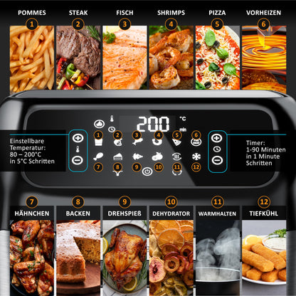 Arendo - Hot air fryer XXL with LED touchscreen- 12 liter - grill - dehydrator - oven - air fryer - touchscreen - easy&clean - oil-free fryer - convection - pizza, chicken, fries - BPA free