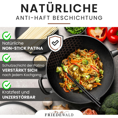 Friedewald® Cast Iron Wok with Lid - induction compatible - 33cm 5L / for 4-6 people - all cooktops - large grill & frying pan - non-stick coating - high rim - braising pan