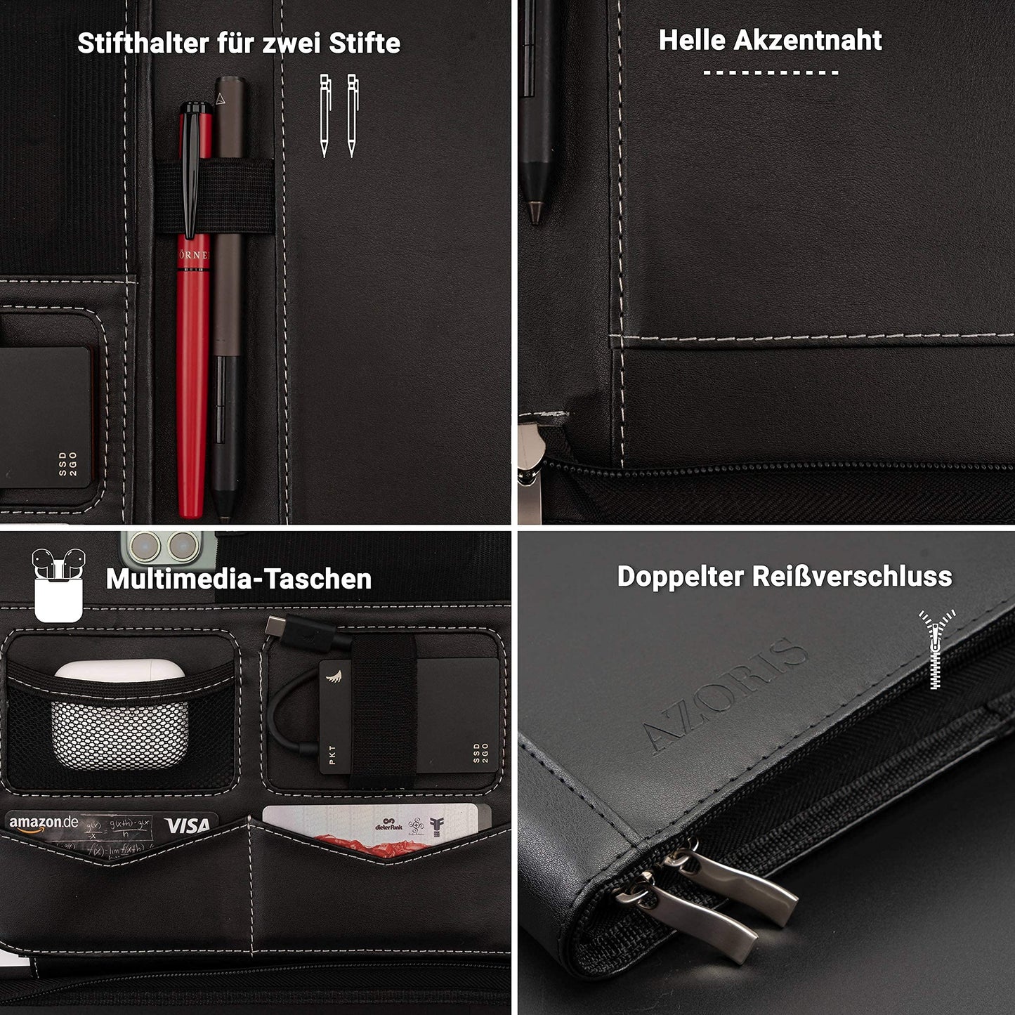 AZORIS PREMIUM® A4 Writing Pad Premium Conference Folder with plenty of storage space and a 13-inch compartment for tablet, iPad professional writing pad made of synthetic leather for ladies and gentlemen.