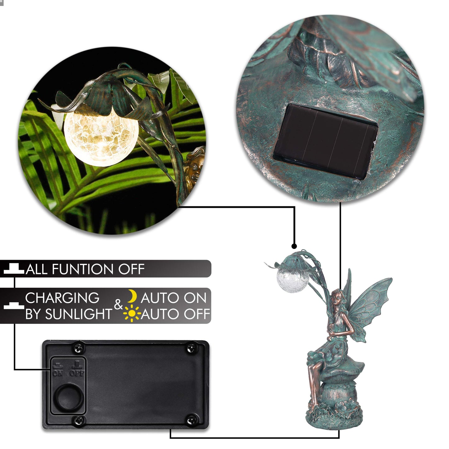TERESA'S COLLECTIONS Outdoor garden decor, garden statues for outside, 35cm sitting fairies with solar glass ball lighting made of polystone, bronze fairy statue solar fairy.