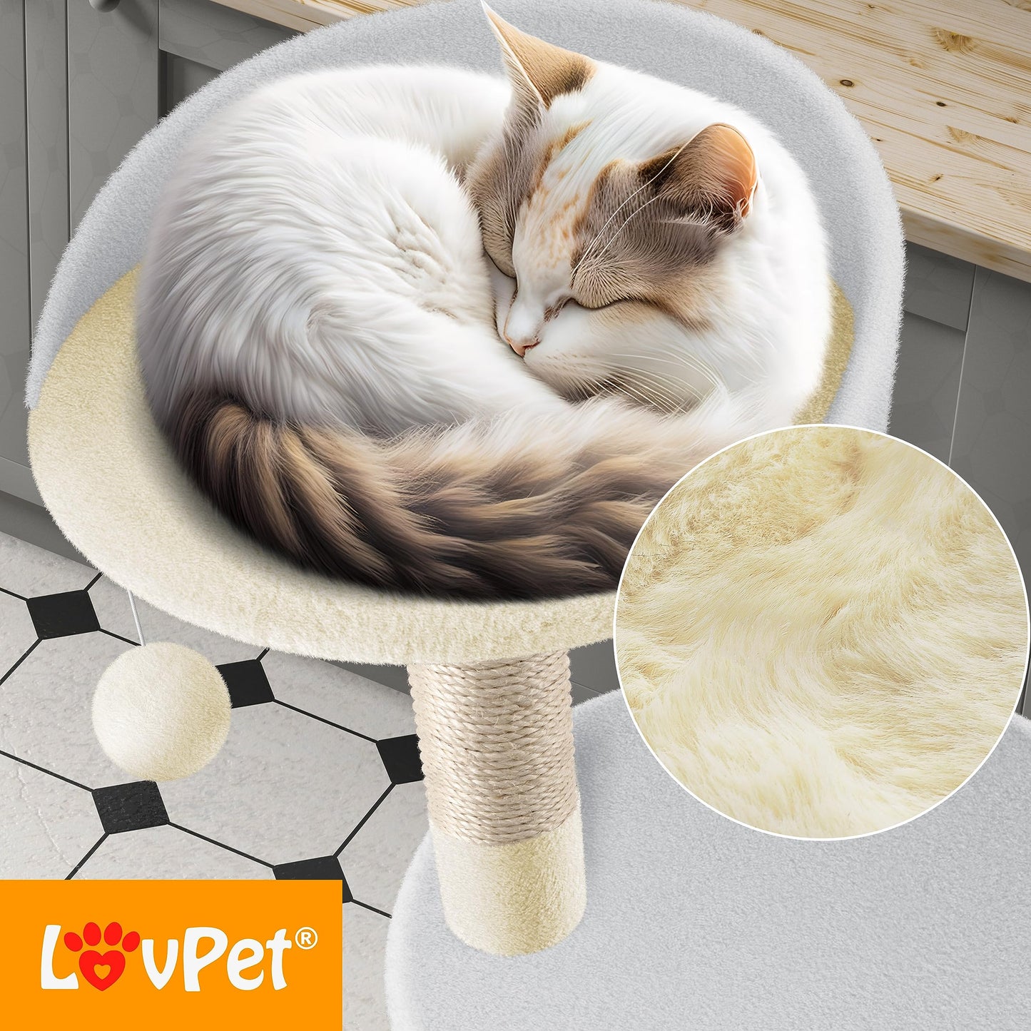 LOVPET® Cat Tree Climbing Tree, with sisal poles, stable, with cave, play balls, playing sisal & play rope, height 112cm, with many cuddling and playing opportunities, Beige/White