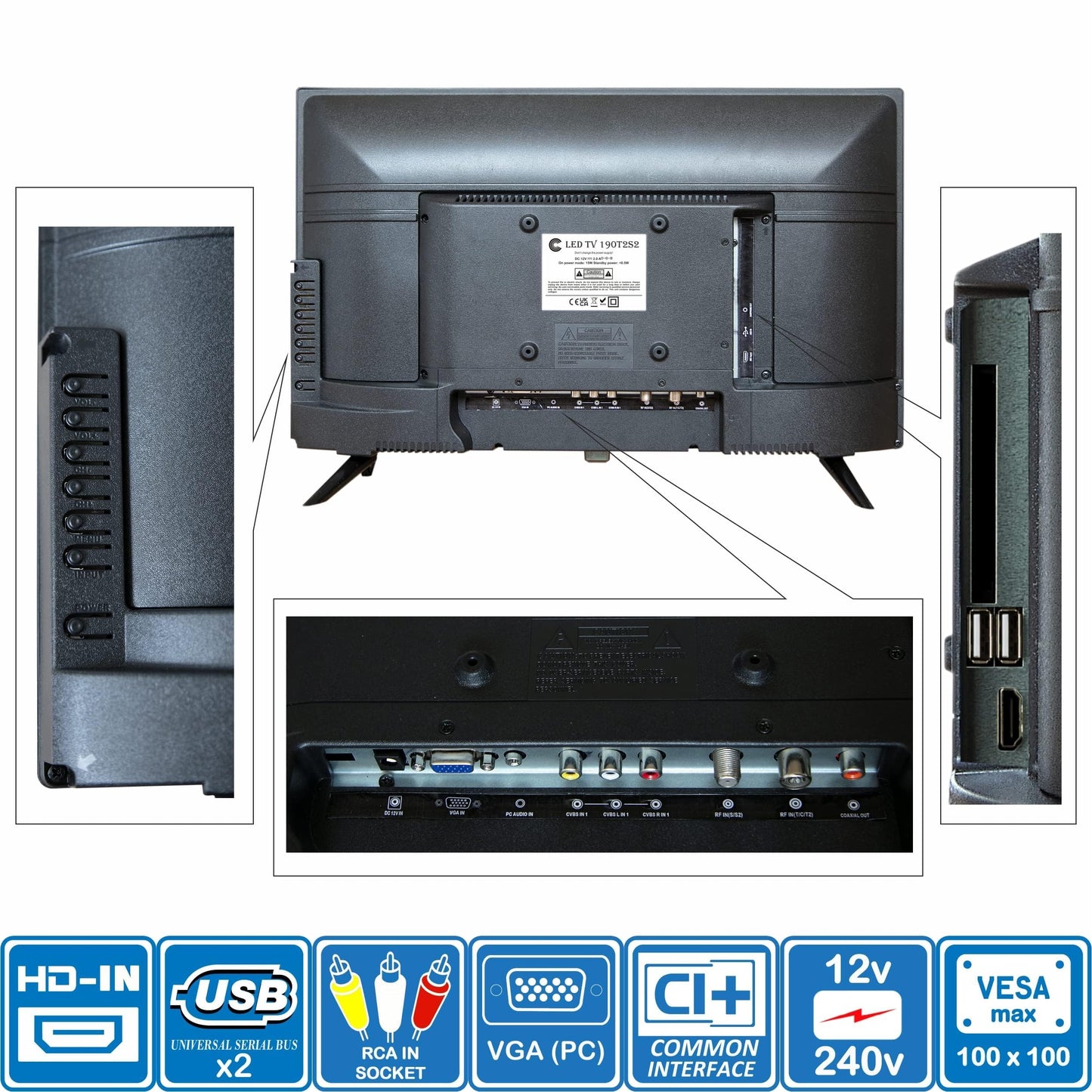 Unispectra® 19-inch HD LED TV Small 230v (Volt) 12v DVBT2 and SAT receiver, USB media player, HDMI. 12V TV for motorhomes, caravans, camping, campers, trucks, boats, kitchen.