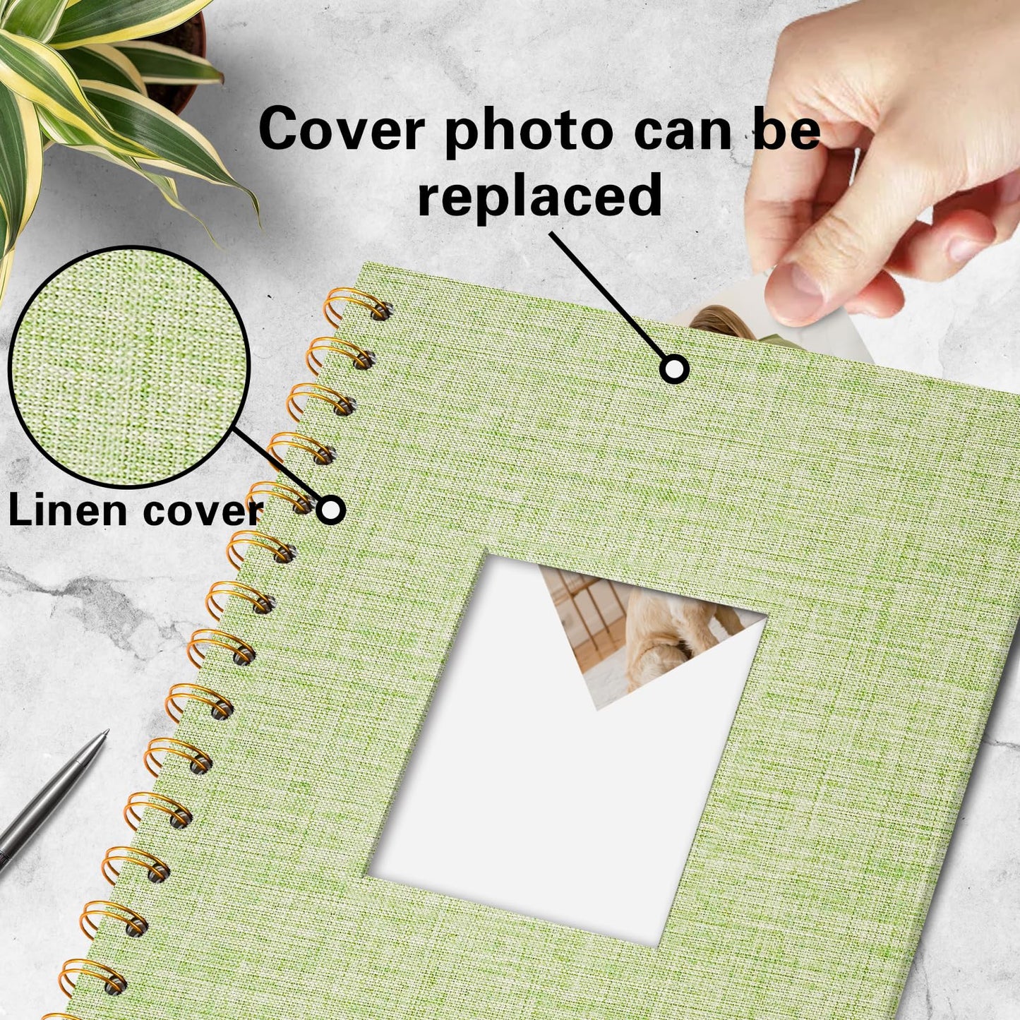 Vienrose DIY scrapbook photo album 28 x 20.5 cm with 80 white pages, linen photo album for families, baby, wedding, anniversary, birthday, grass green.