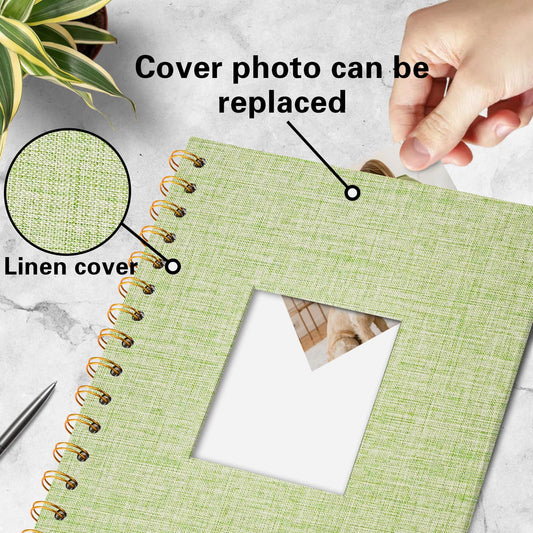 Vienrose DIY scrapbook photo album 28 x 20.5 cm with 80 white pages, linen photo album for families, baby, wedding, anniversary, birthday, grass green.
