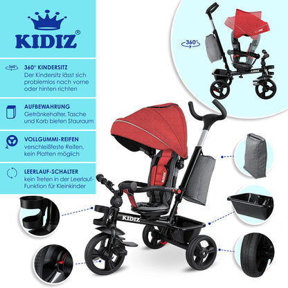 KIDIZ® 6in1 tricycle for kids with push handle, steerable from 9 months up to 25kg. Jogger with forward & reverse ride, basket, bag, drink holder, sunshade, rubber tires, foldable red.