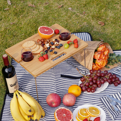 Picnic basket for 2, including a bamboo wine table with metal legs. Perfect for camping and outdoor parties.