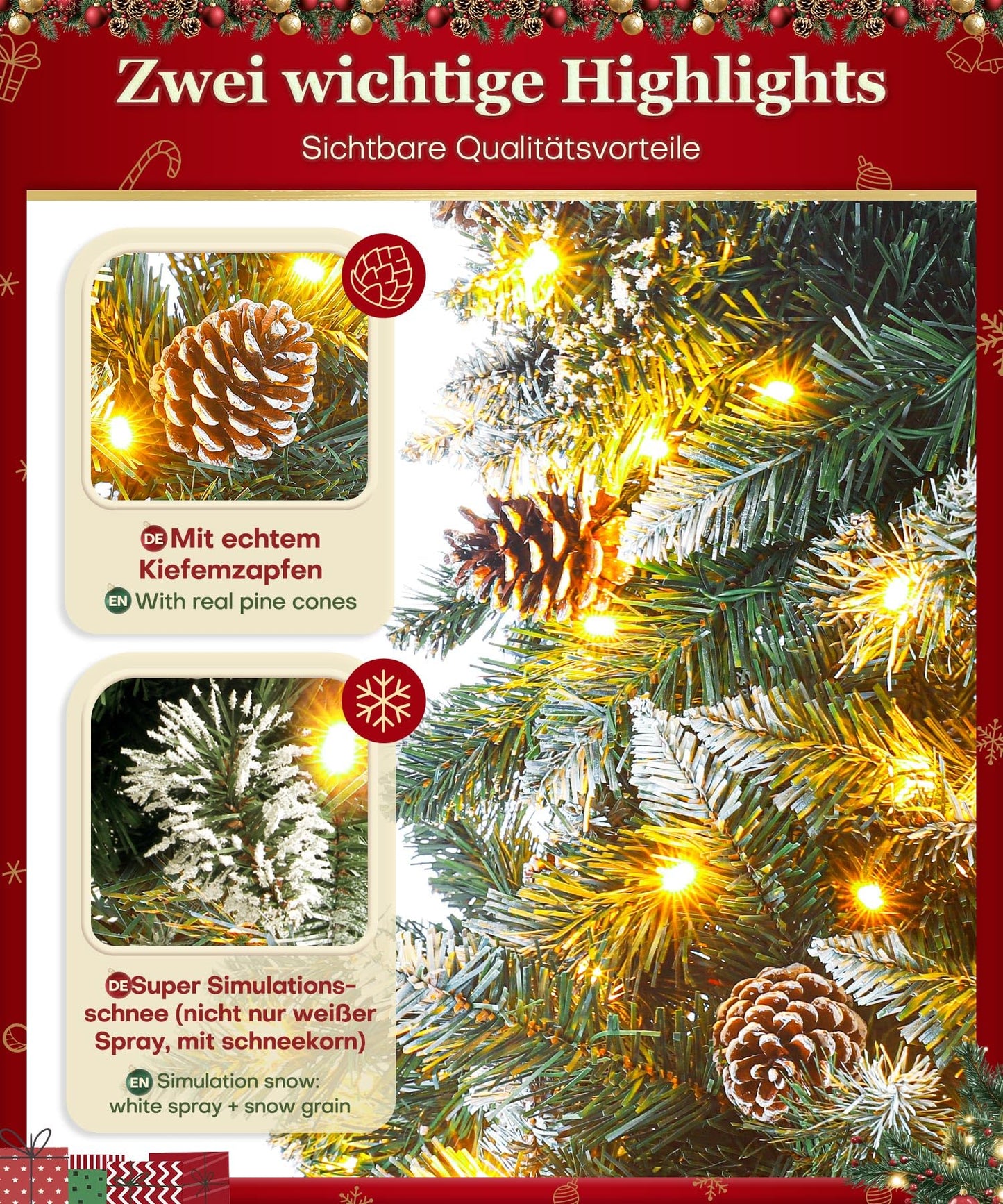 Yorbay artificial Christmas tree with lighting and white snow, LED pine tree for Christmas decoration with real pine cones, fire-resistant (180CM)