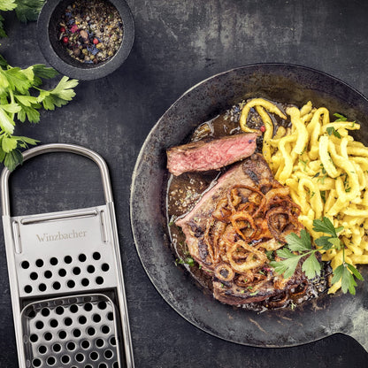 Winzbacher stainless steel spaetzle maker + ladle [pot Ø of 16-30cm] dishwasher safe | rustproof | spaetzle grater, spaetzle sieve, spaetzle press | for spaetzle & dumplings.