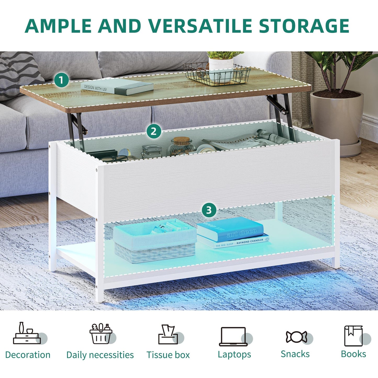 YITAHOME coffee table with adjustable height top, extendable hidden storage, side table for living room, office, with power strip and LED light strip.